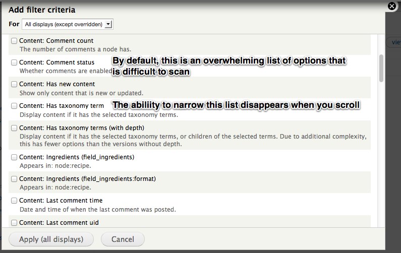 Screenshot showing huge list of options for filters/fields