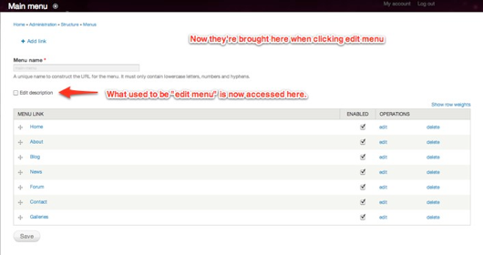 Edit menu page now contains the interface from the list links page on the bottom.
