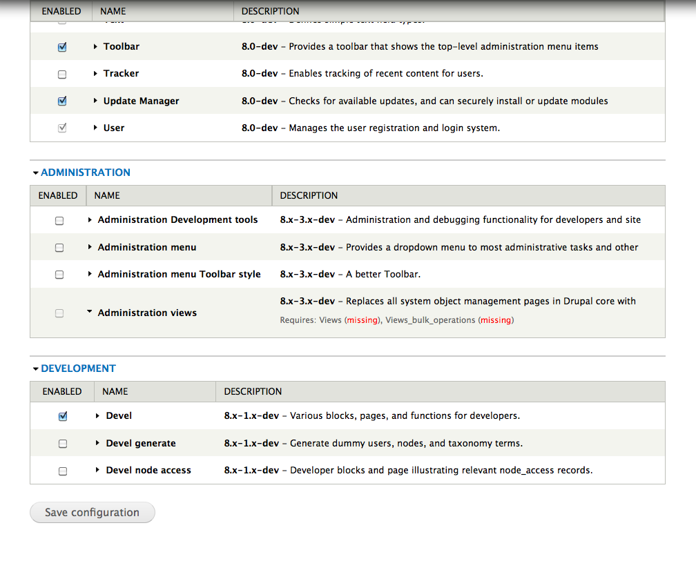Modules page screenshot, contrib packages with admin views expanded - in a table
