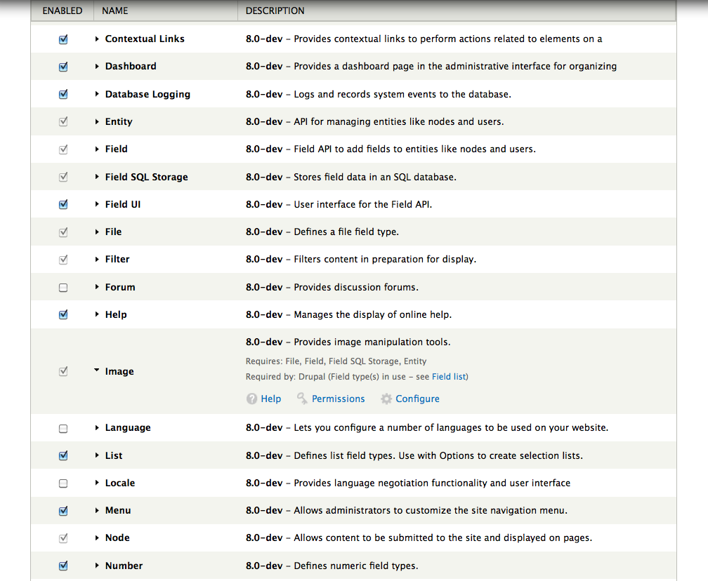 Modules page screenshot, core modules with image module expanded - in a table.