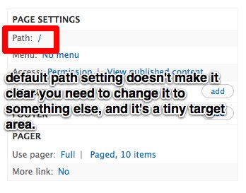 screenshot of the Views UI page showing the easy-to-miss default path setting