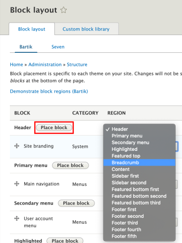 Image showing Place block button and dropdown list of regions.
