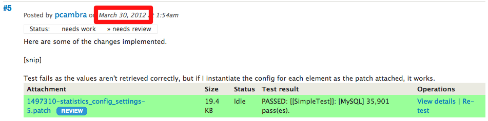 A comment in an issue queue that's passing testbot, with the date circled