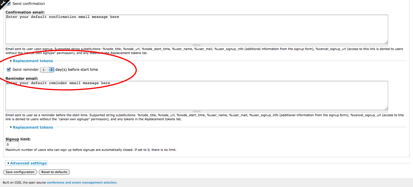 signup module broadcast settings