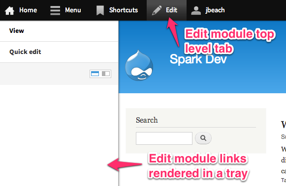 screenshot of the edit module tab and tray in the toolbar.
