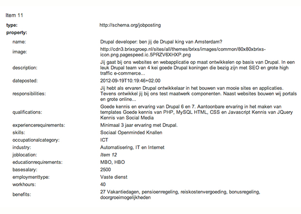 Google structured testing tool results of a job posting