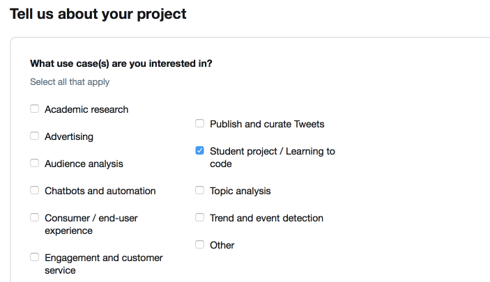 The third step of the dev account signup process requires explaining the purpose of the account.