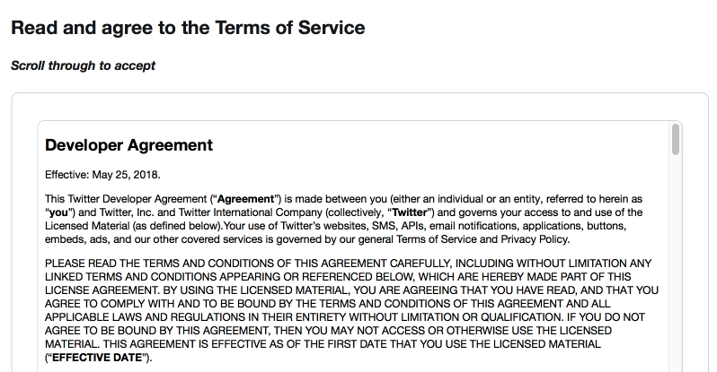 The fourth step of the dev account signup process is a Terms of Service agreement.