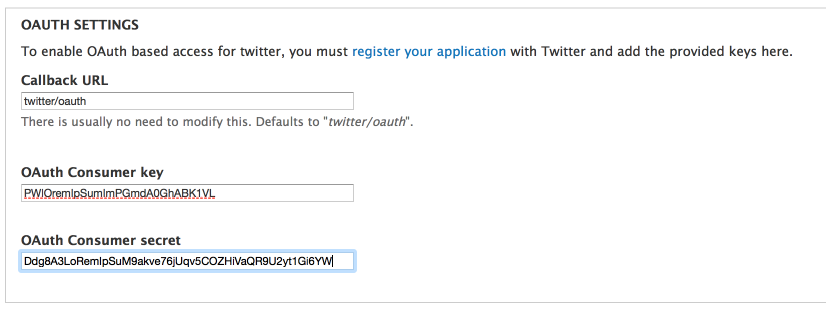 The Twitter module's settings page's OAuth settings section.
