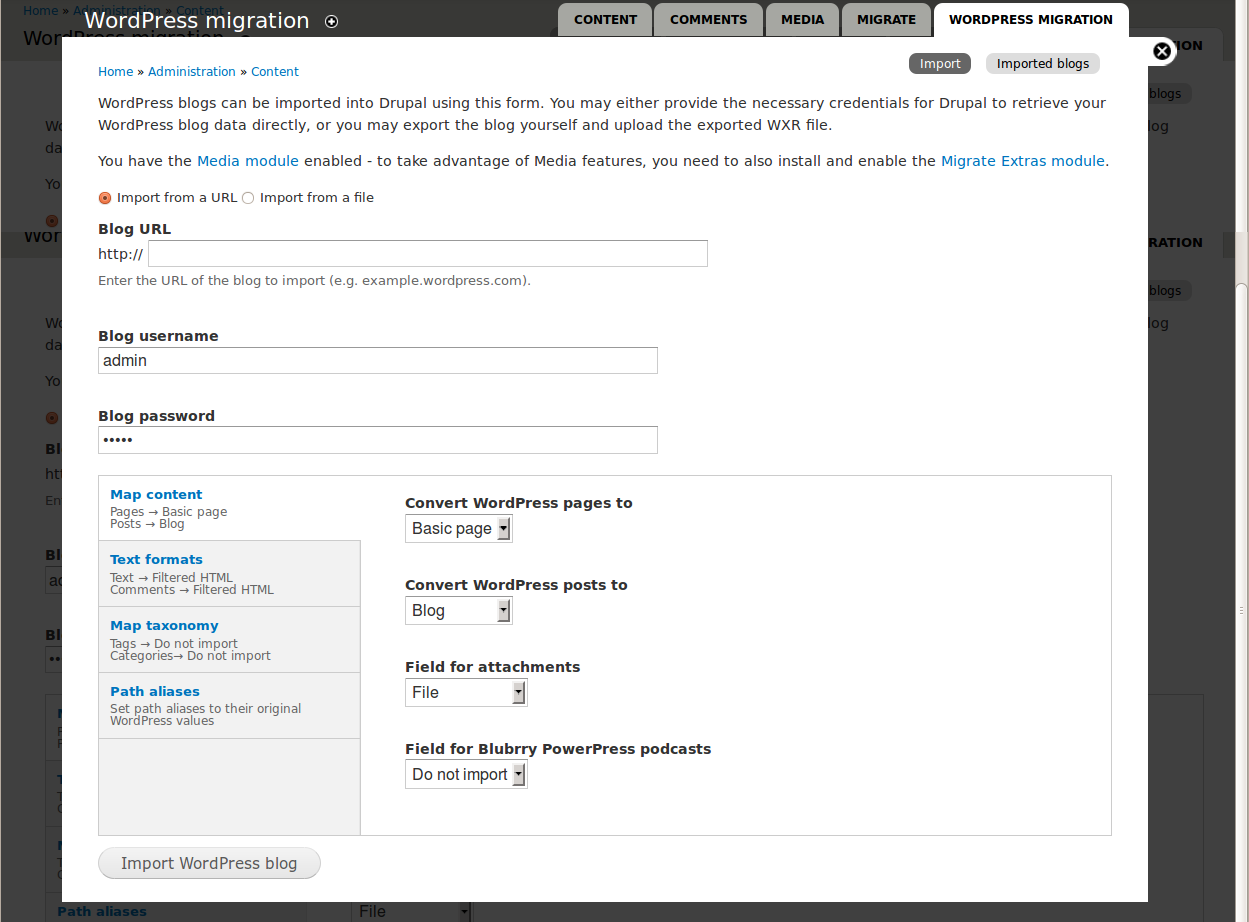 screenshot of vertical tab layout for WordPress Migrate
