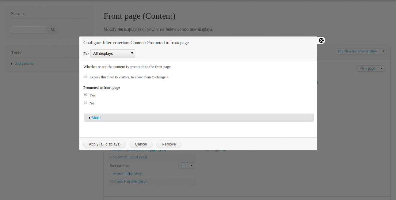 Views dialog before