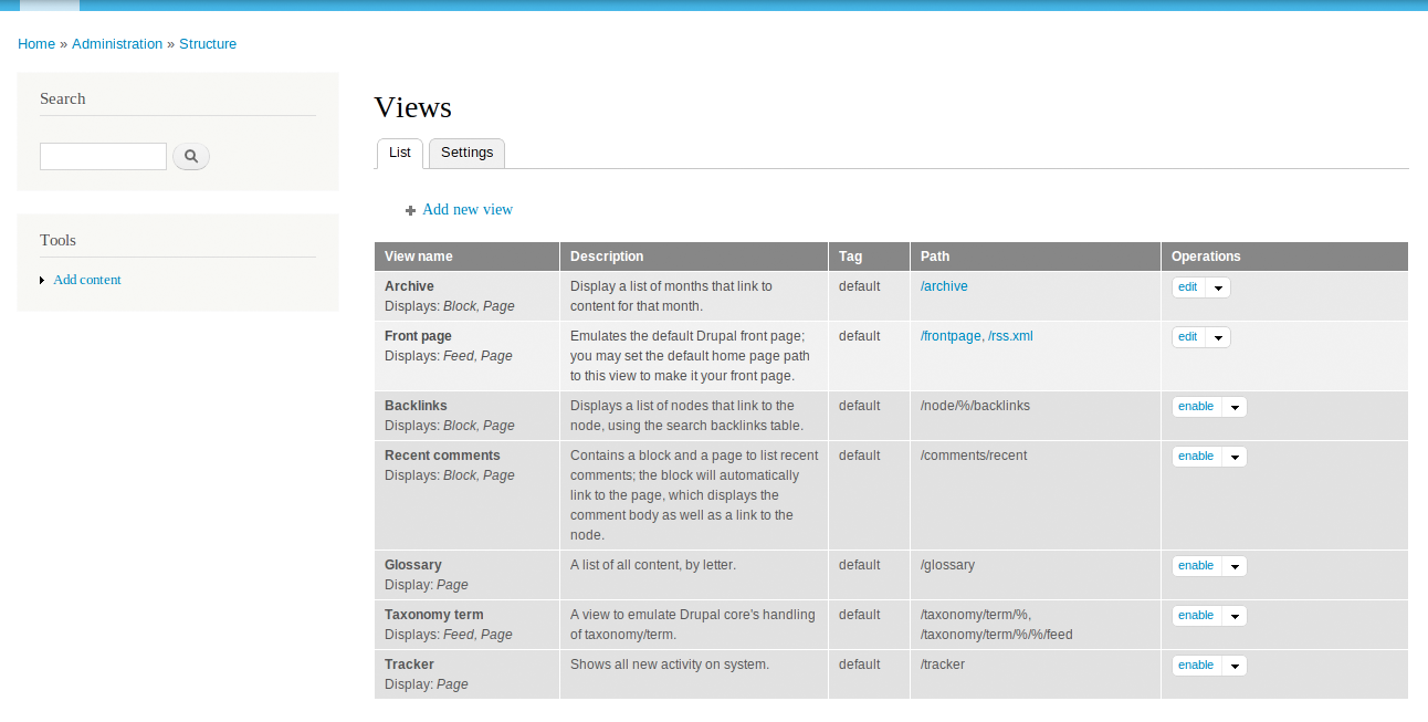 Views table after