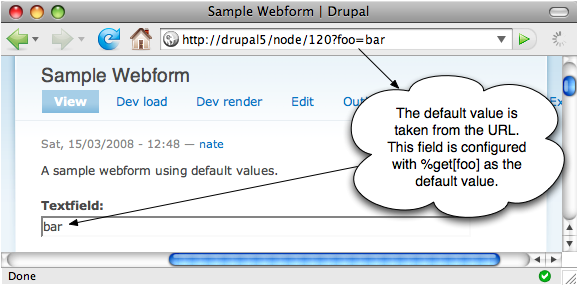 The default value populated from the URL