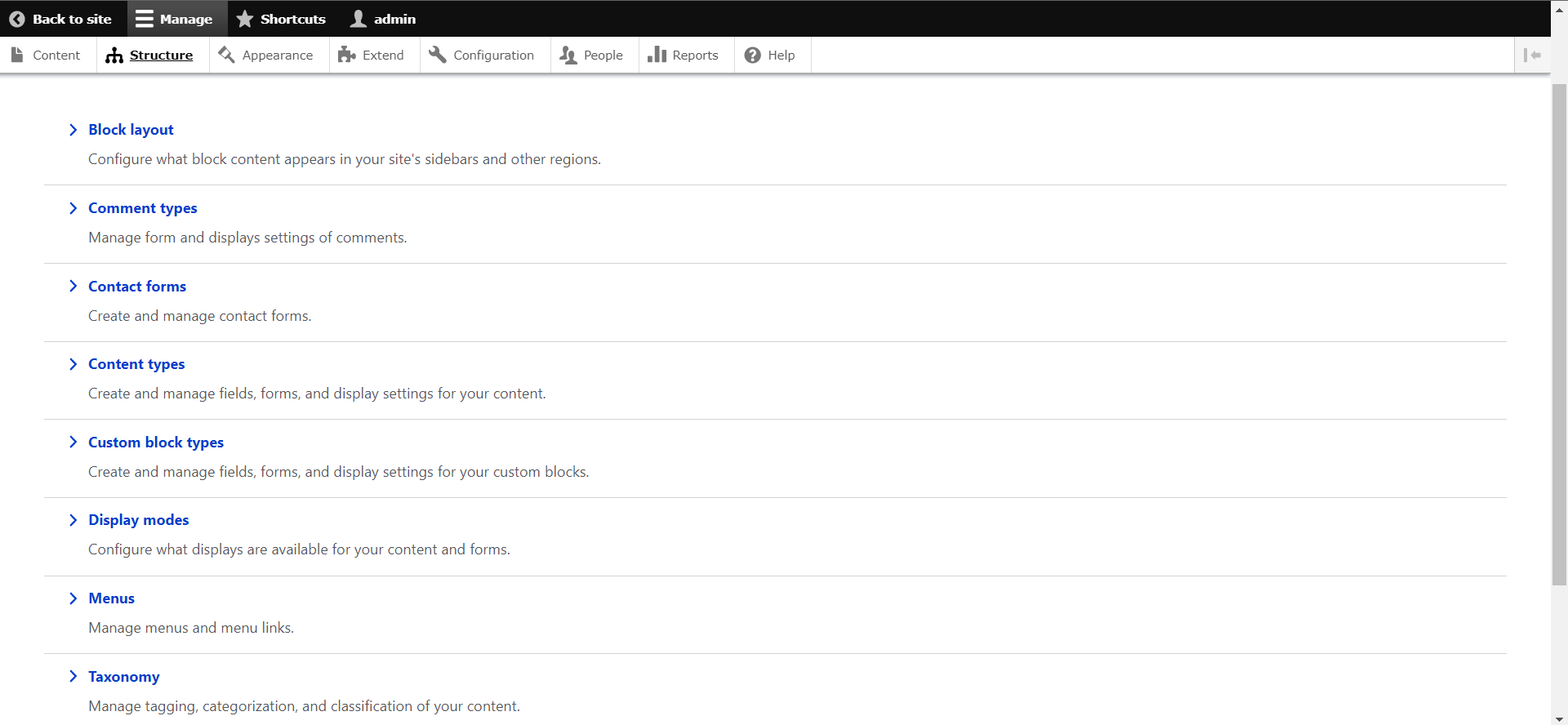 Structure menu after the patch, showing the Custom block types menu link.