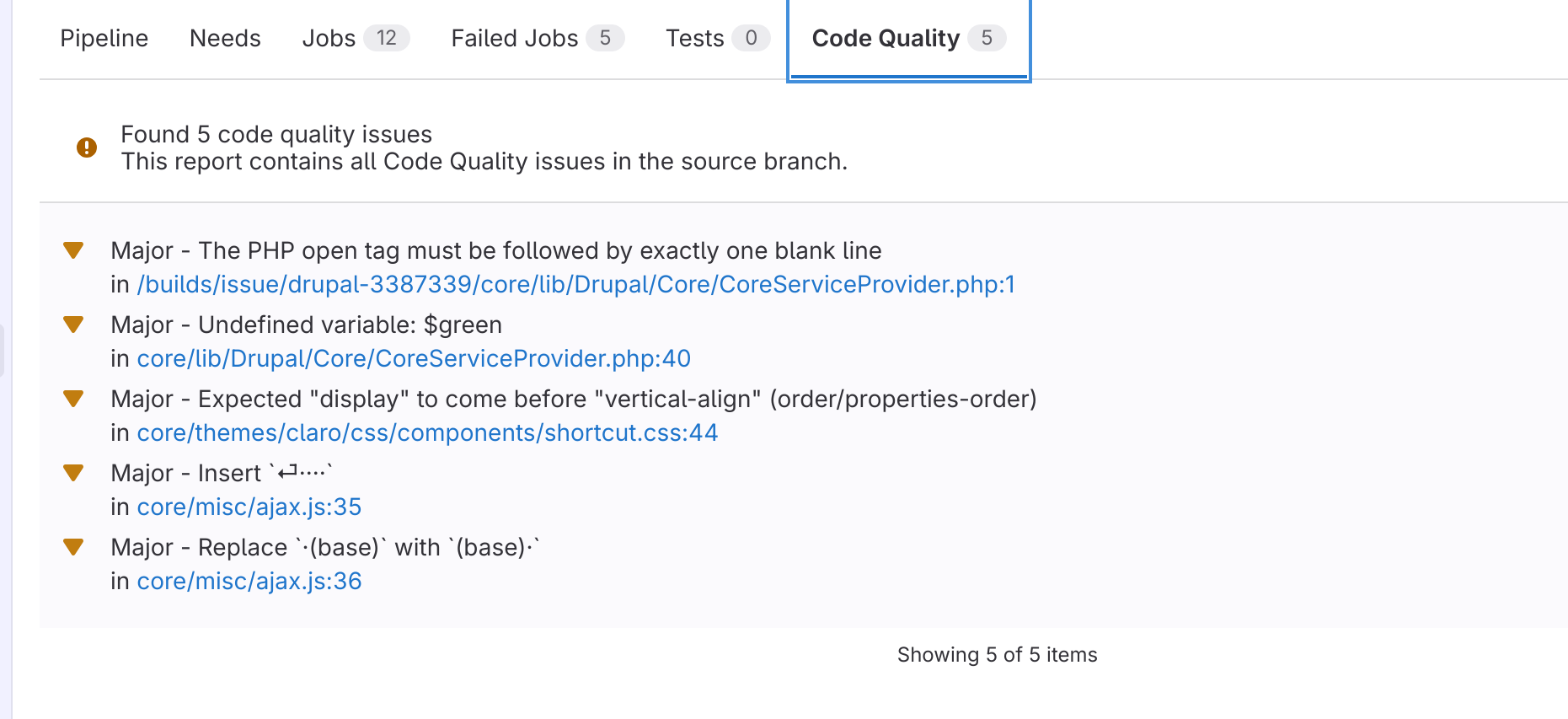 Code quality tab on pipelines showing various code style errors in a summary
