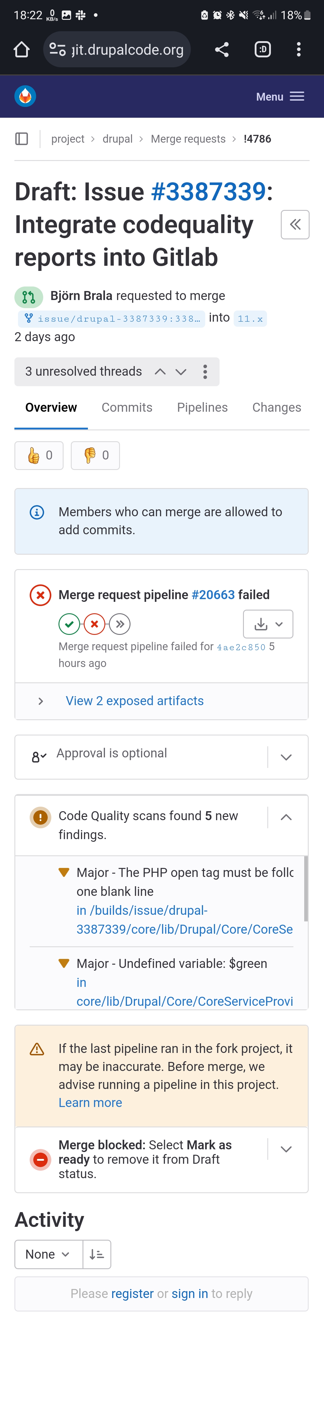 Code quality tab on pipelines showing various code style errors in a summary