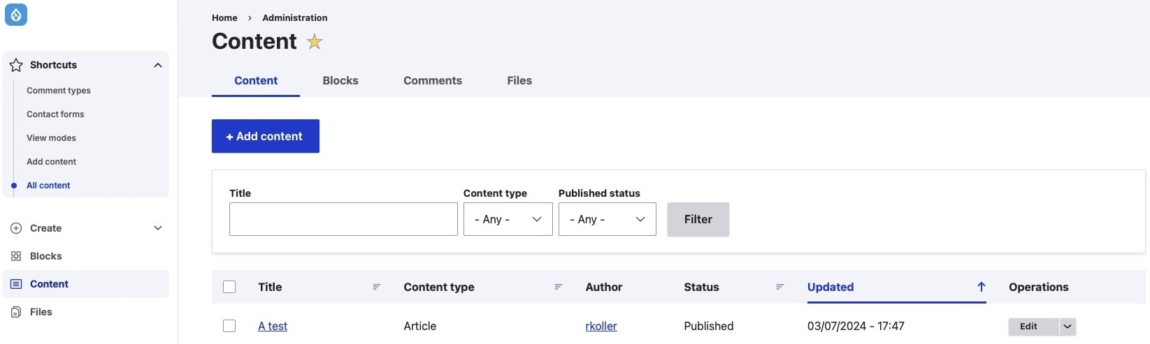 the content overview page with the content top level menu item shown in active state as well as the shortcuts group expanded with all content shortcut shown in active state as well