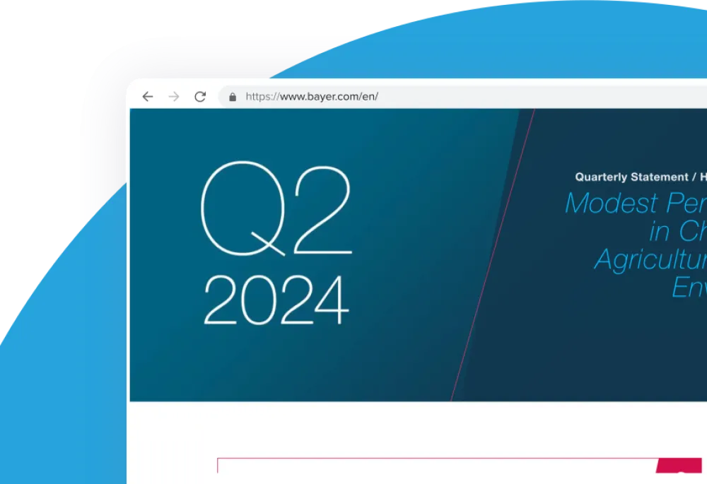 Screenshot of Bayer.com with a blue circle background