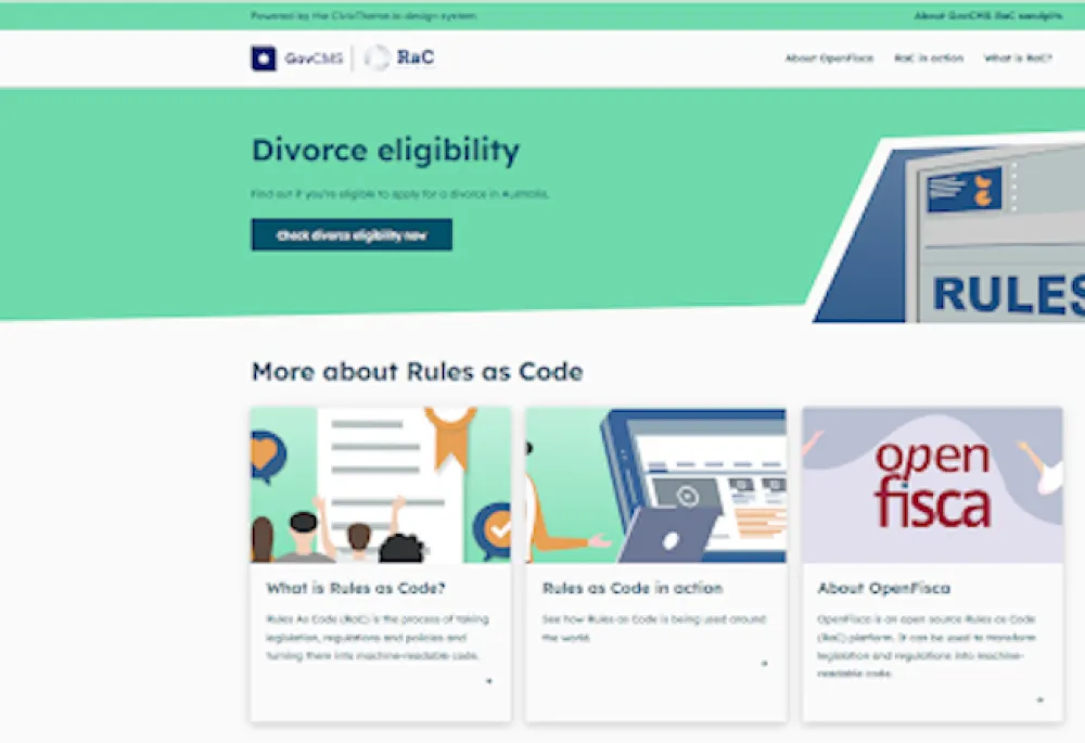 Homepage of divorce eligibility Rules as Code proof of concept.