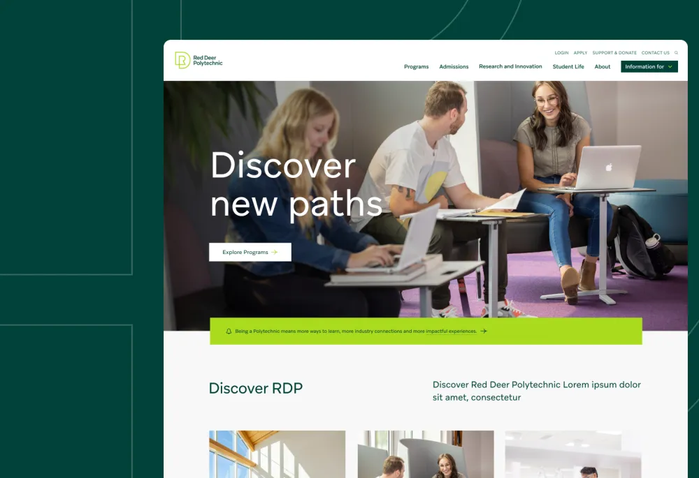 A screenshot of the Red Deer Polytechnic frontpage, against a backdrop in the dark green brand color