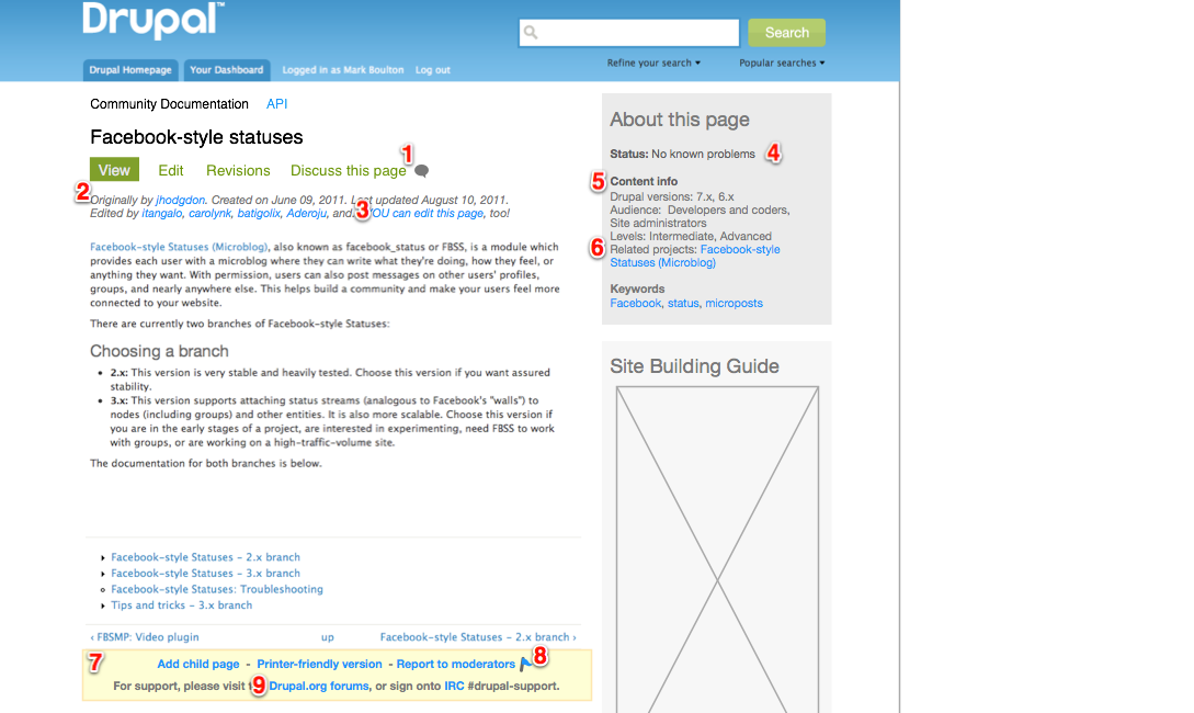 mockup of a docs page with redesigned meta-info block and new links for editing and discussing the page