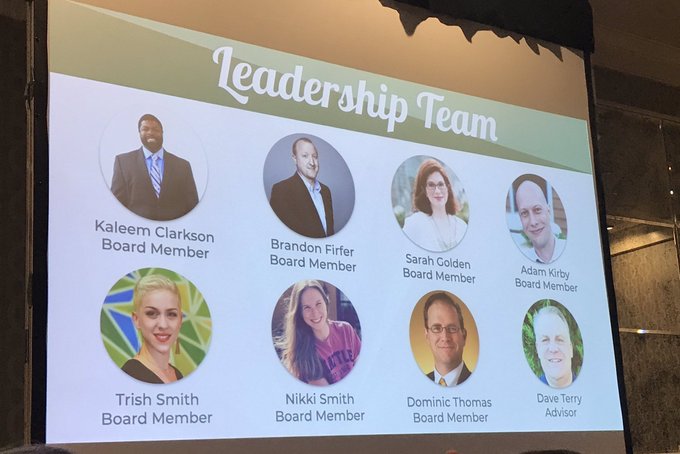 Slide showing faces of the 8 Atlanta Camp Leaders - ATL Board Members - Kaleem Clarkson, Brandon Firfer, Sarah Golden, Adam Kirby, Trish Smith, Nikki Smith, Dominic Thomas, and Advisor Dave Terry