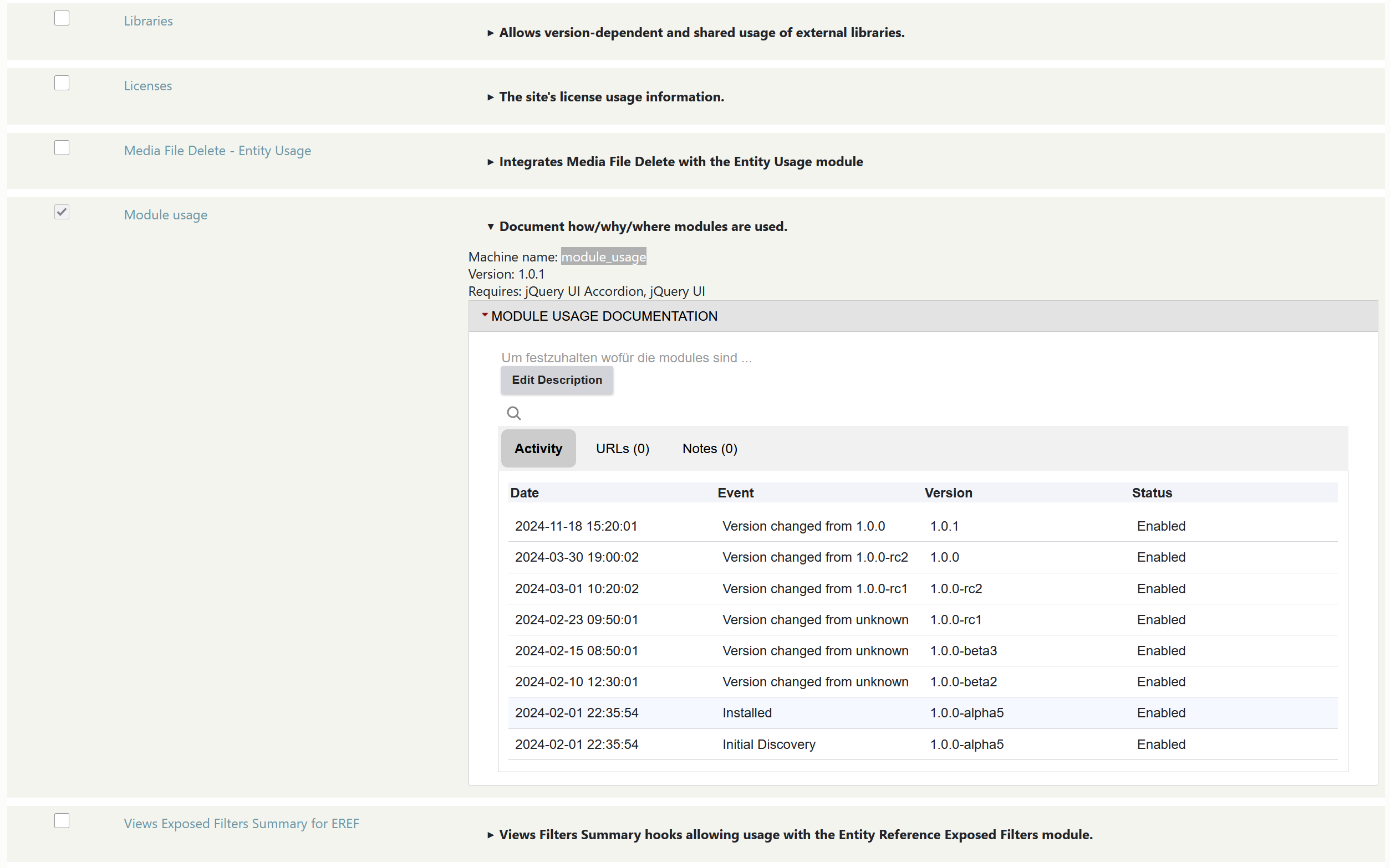 Module Usage accordion
