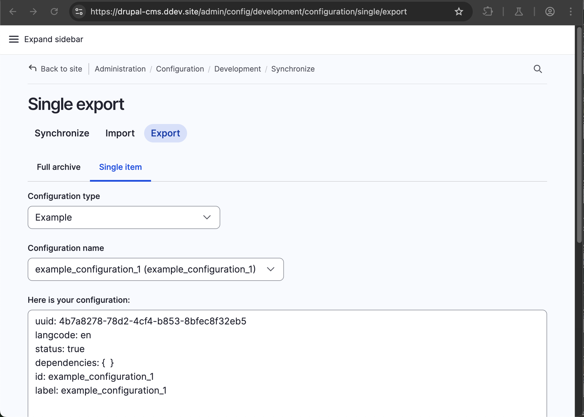 drupal admin configuration single export screen