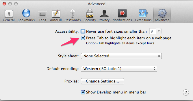 Safari preferences Advanced pane. The Press tab to highlight each item on a webpage checkbox is now checked.