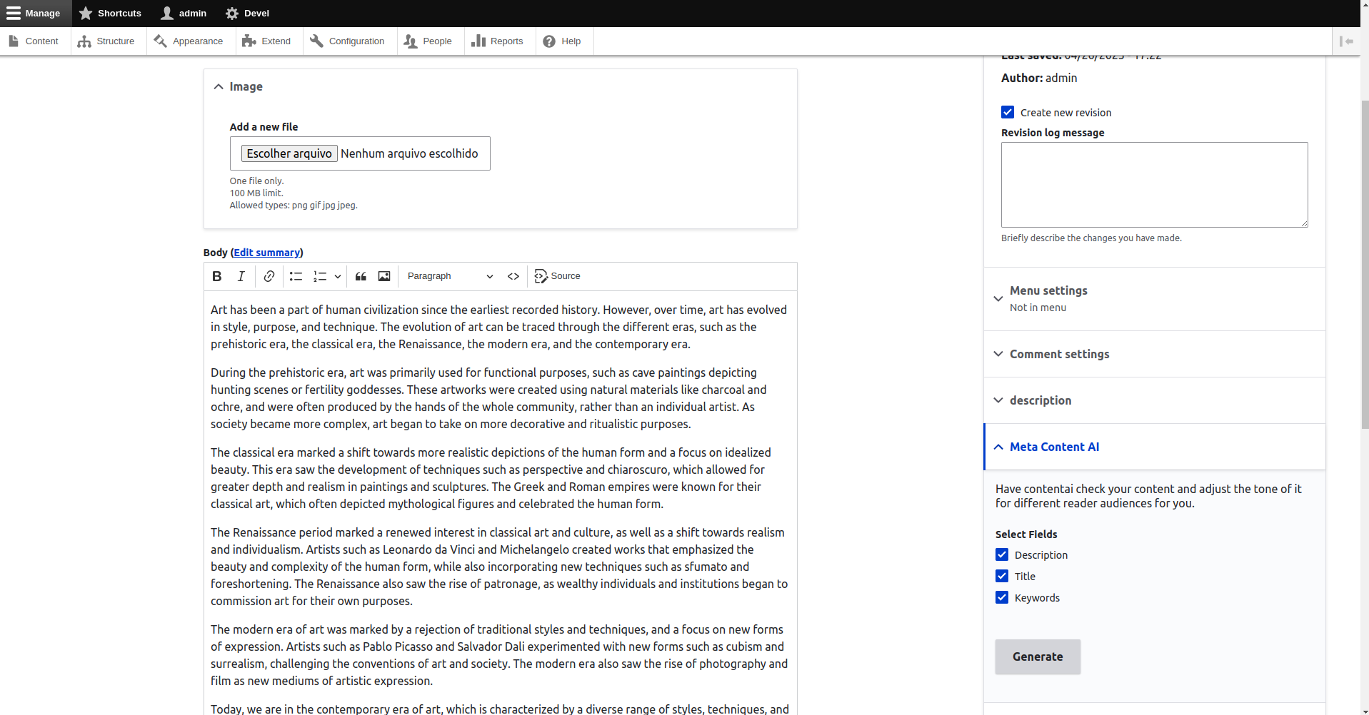 Meta Content AI section inside article configuration