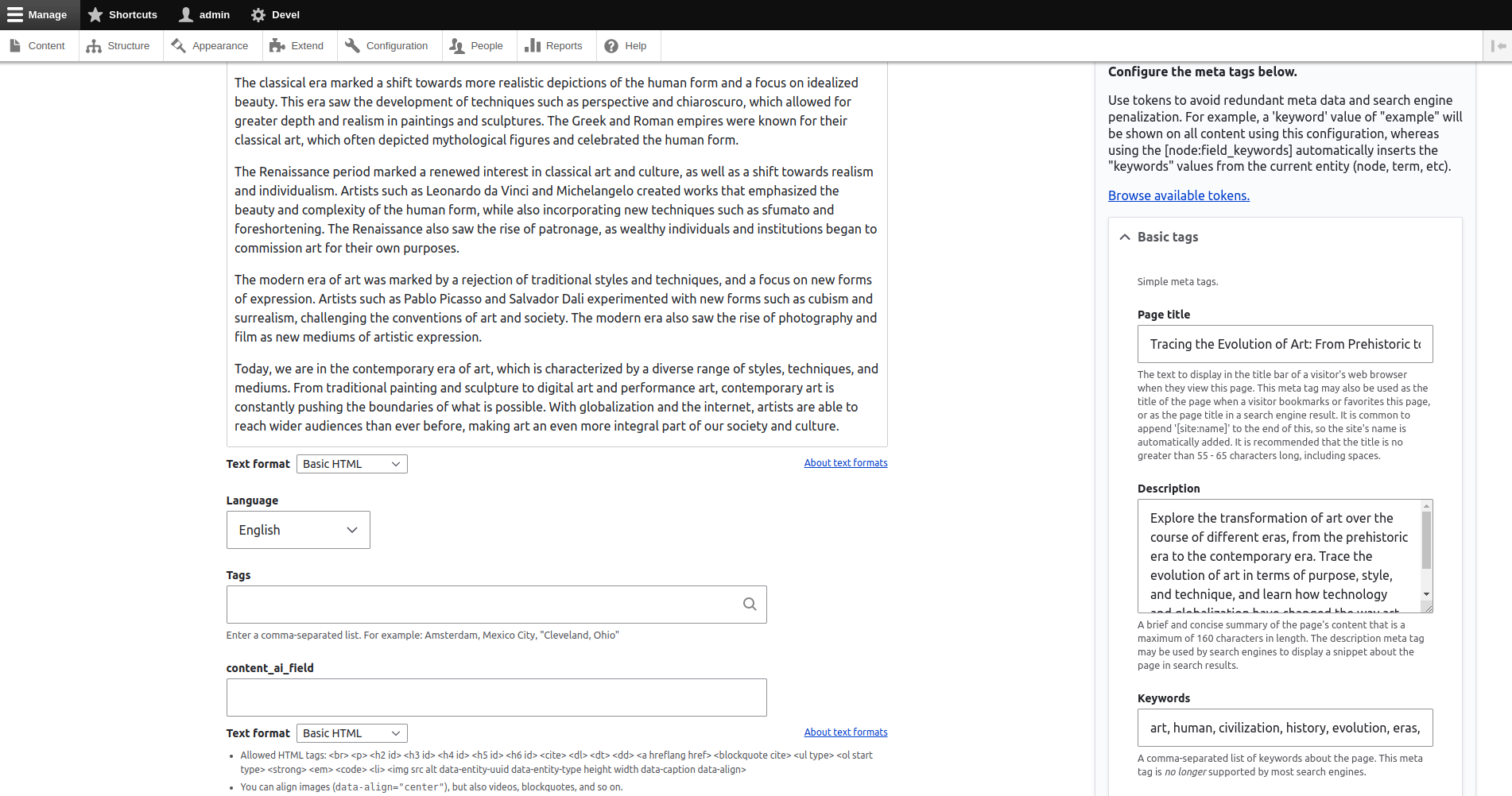 Content automatically generated inside Basic tags section
