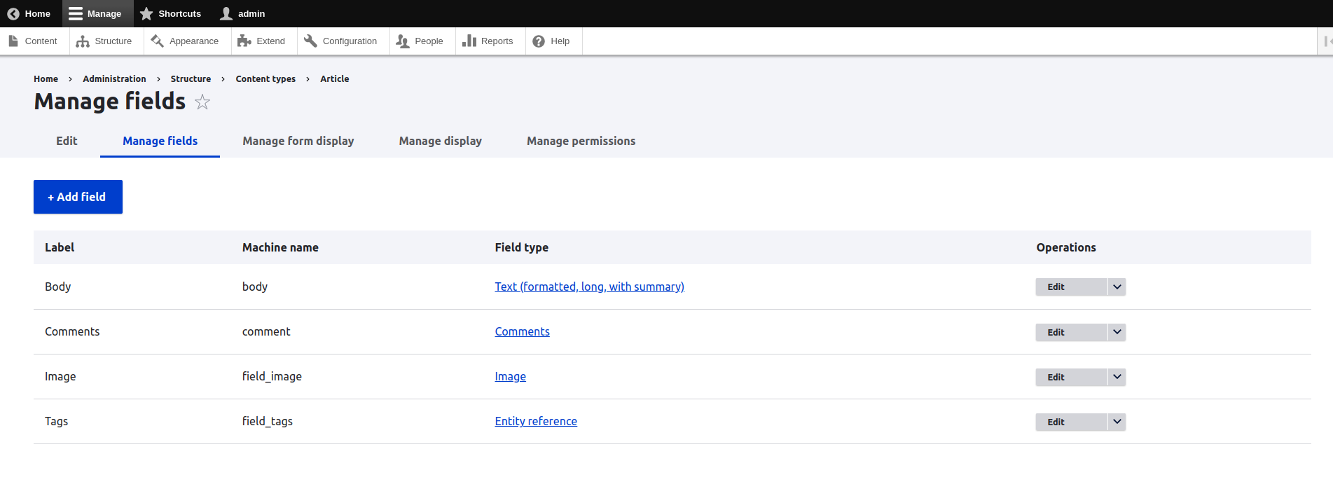 Available fields for articles