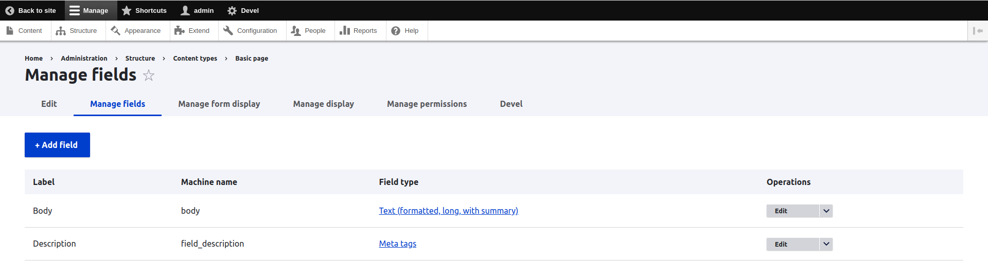 Finished configuration for basic page