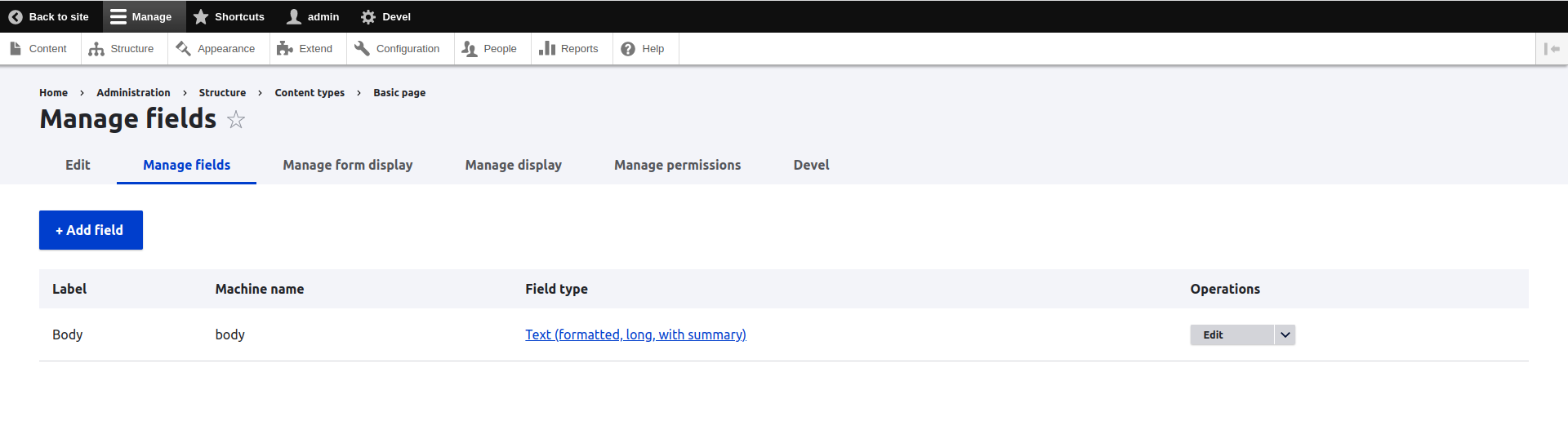 Available fields for basic page