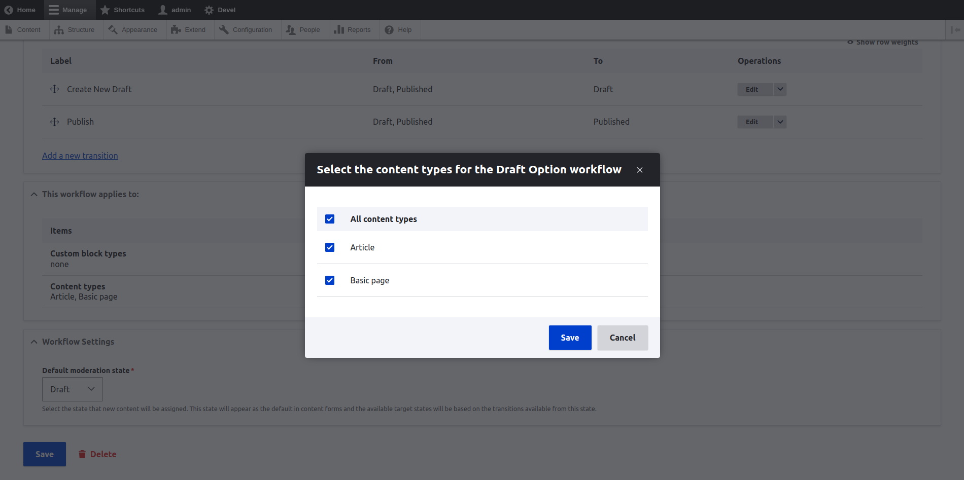 Selecting content types to workflow