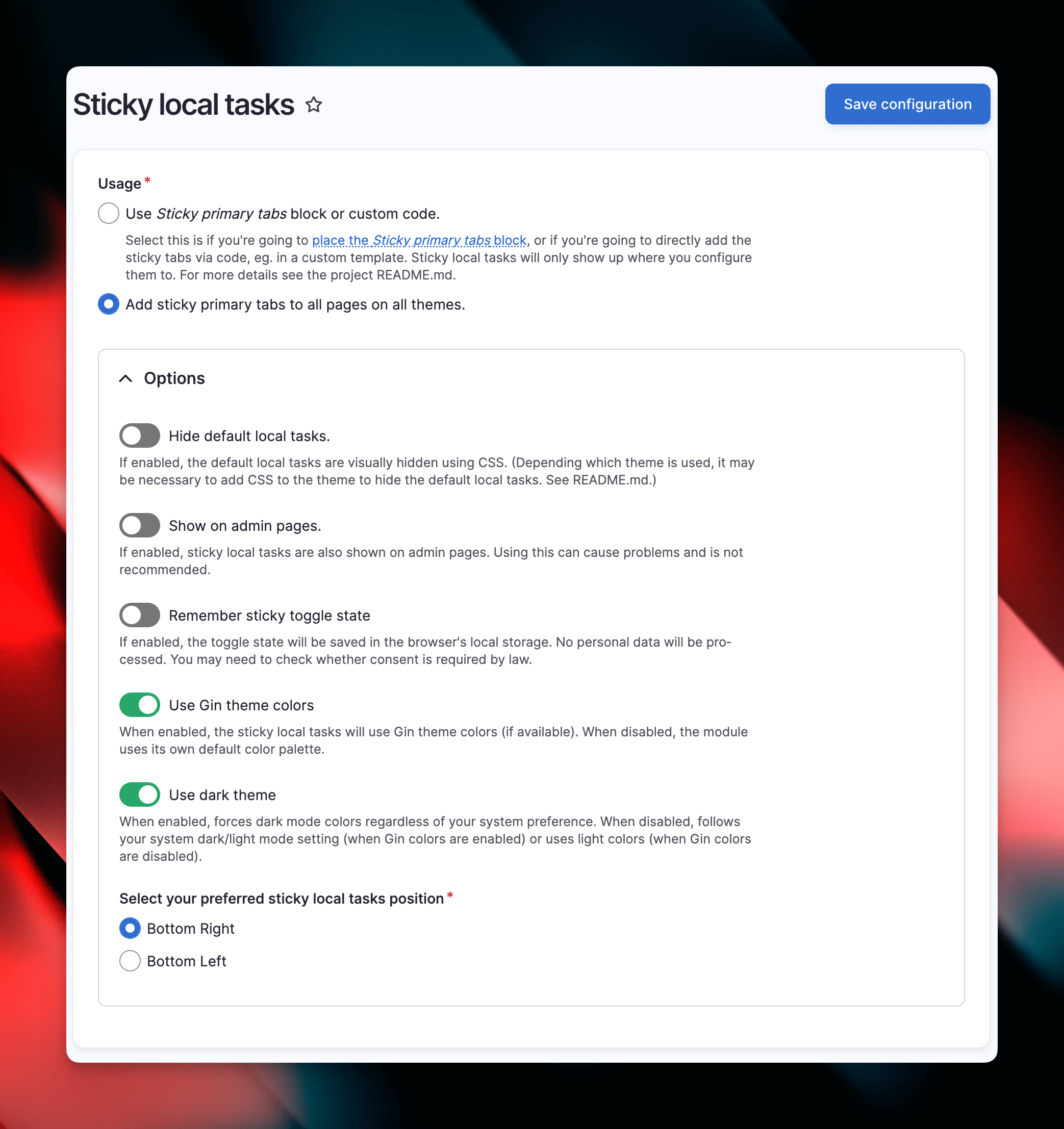 Drupal Sticky Local Tasks Configurations