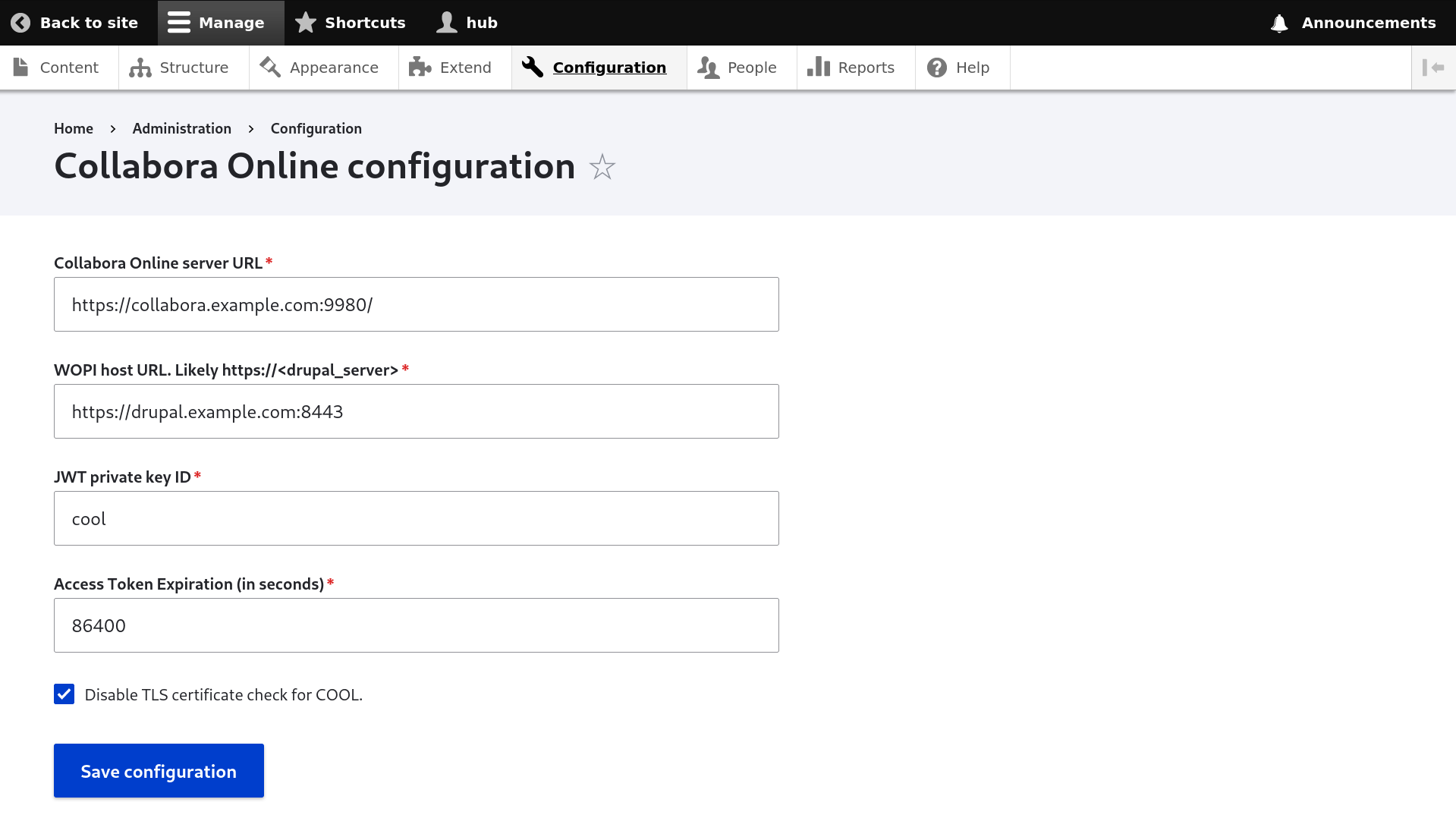 Configuration page
