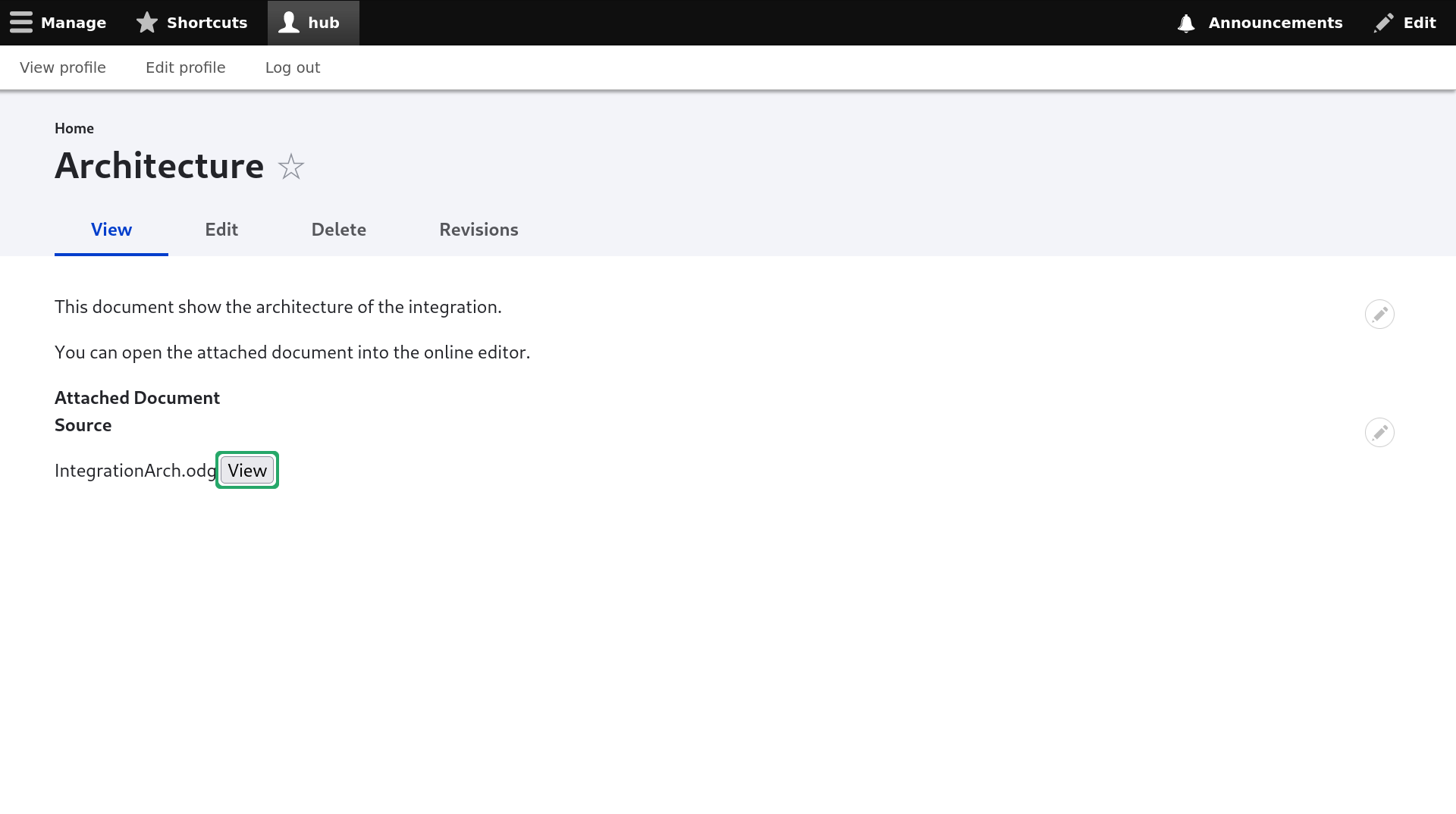 A screenshot of a Drupal post with a document attached and a view button.