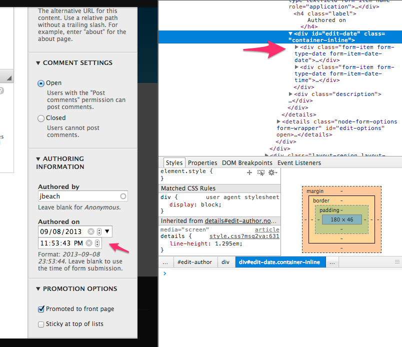 Screenshot of the add node form with the code inspector open. It shows the two inputs without a fieldset wrapper.