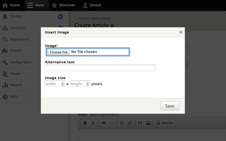 Screenshot of the Drupal Dialog positioned above the Toolbar. The modal screen is positioned above the Toolbar.