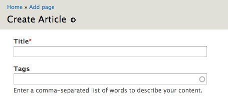 Screenshot of the Article creation form. The title field is visible with an asterisk to the right of the Title field label