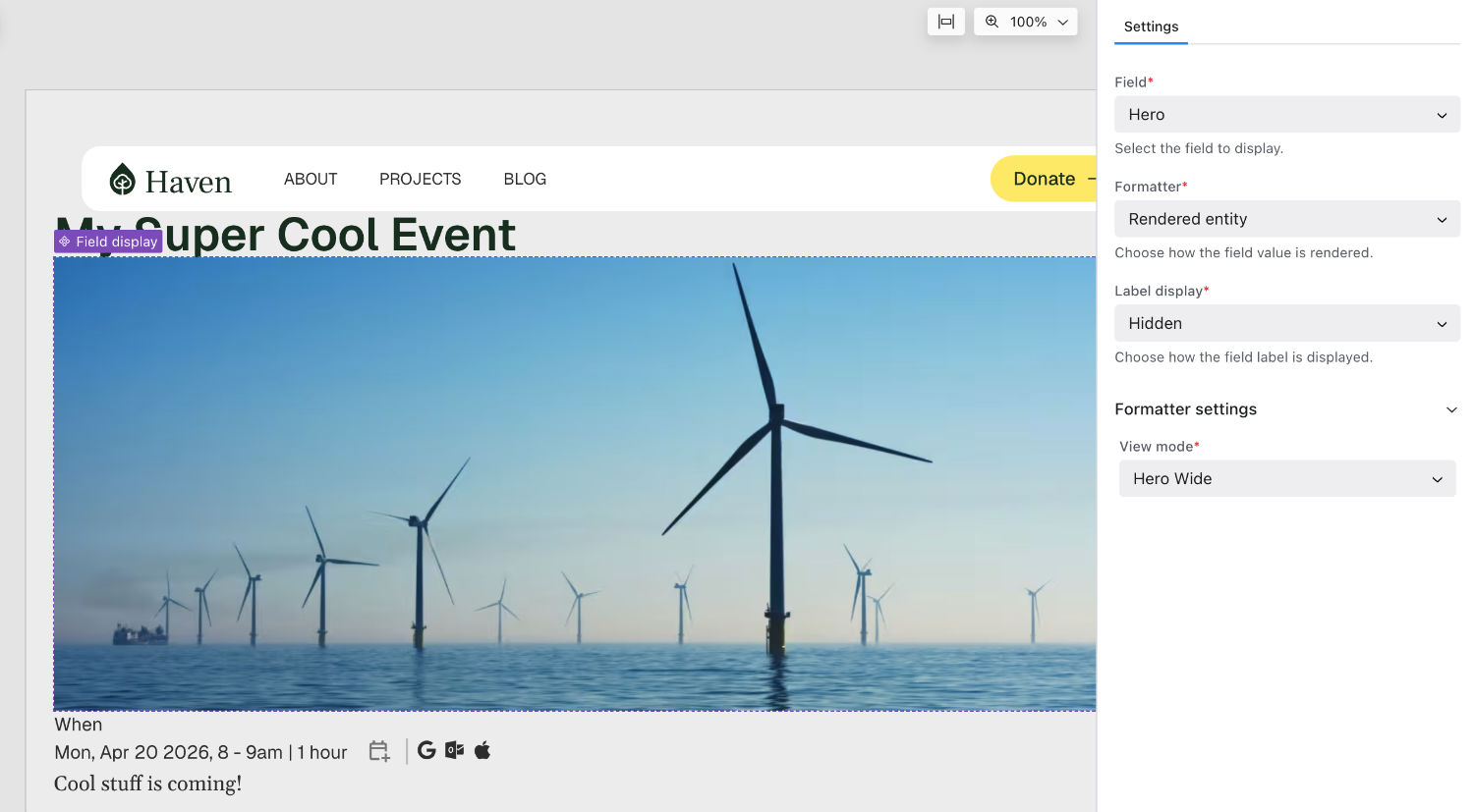 The Canvas editor using a Field Display component to display a Responsive Image