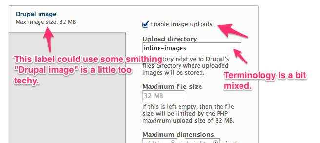 Inline image insertion dialog. The labels for various aspects of the UI are not consistent. References include Drupal image, image uploads and inline image.