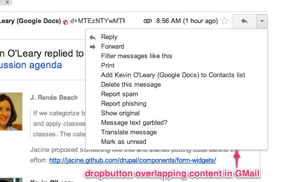 Screenshot of a dropbutton in GMail, shown expanded, overlapping page content.