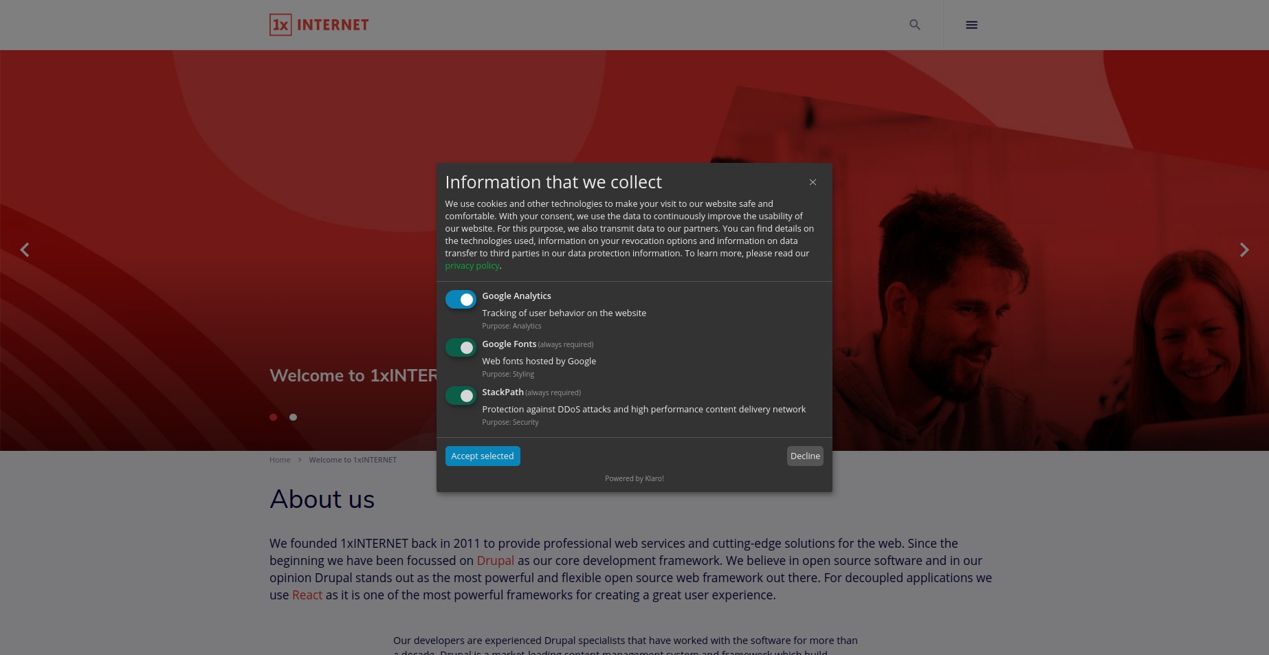 Klaro consent management settings