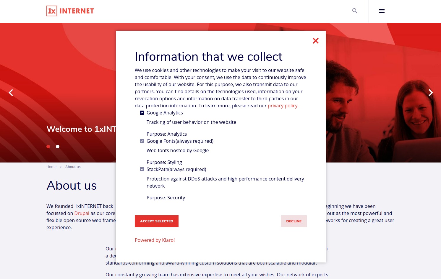 Klaro consent management settings with custom styling