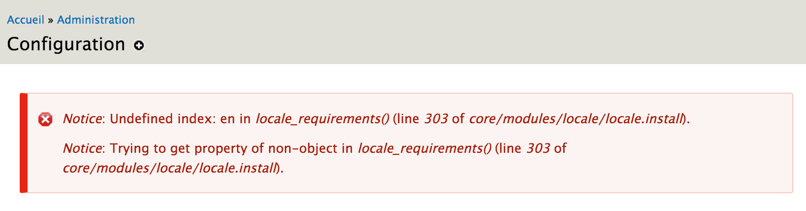 Error message on config page