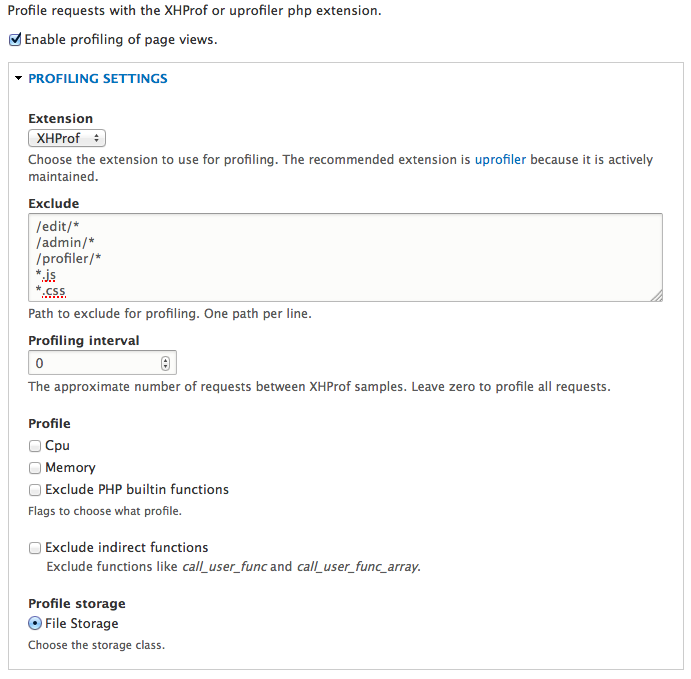XHProf settings page