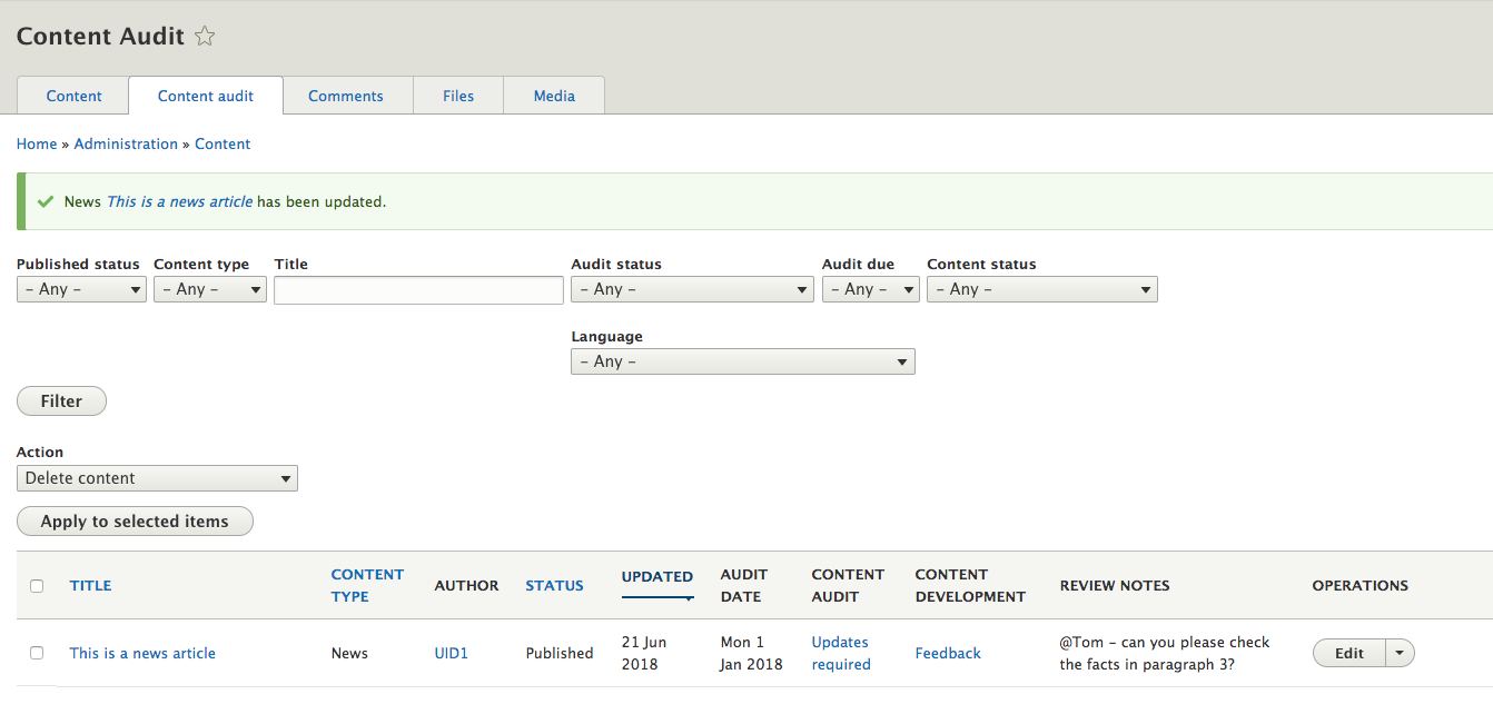screenshot of audit view