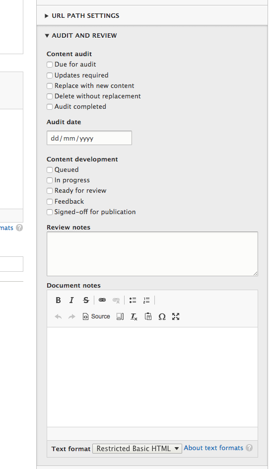 Screenshot of the content audit field group